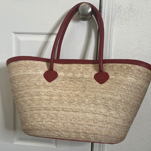 $208 By Del Rio Straw Tote Bag Women Red NEW Sequined Lips Tassel Pom Pom Large - Picture 2 of 16